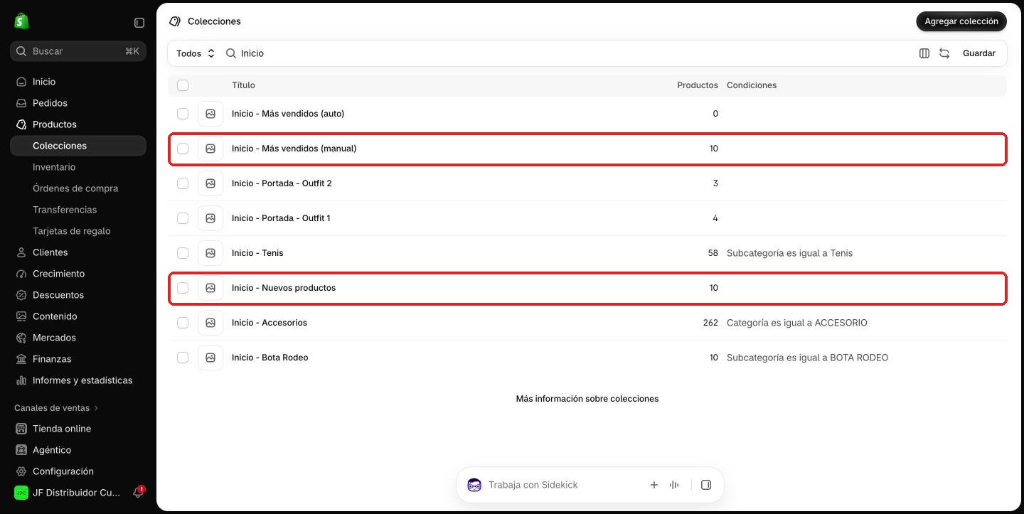 Colecciones de la página de inicio