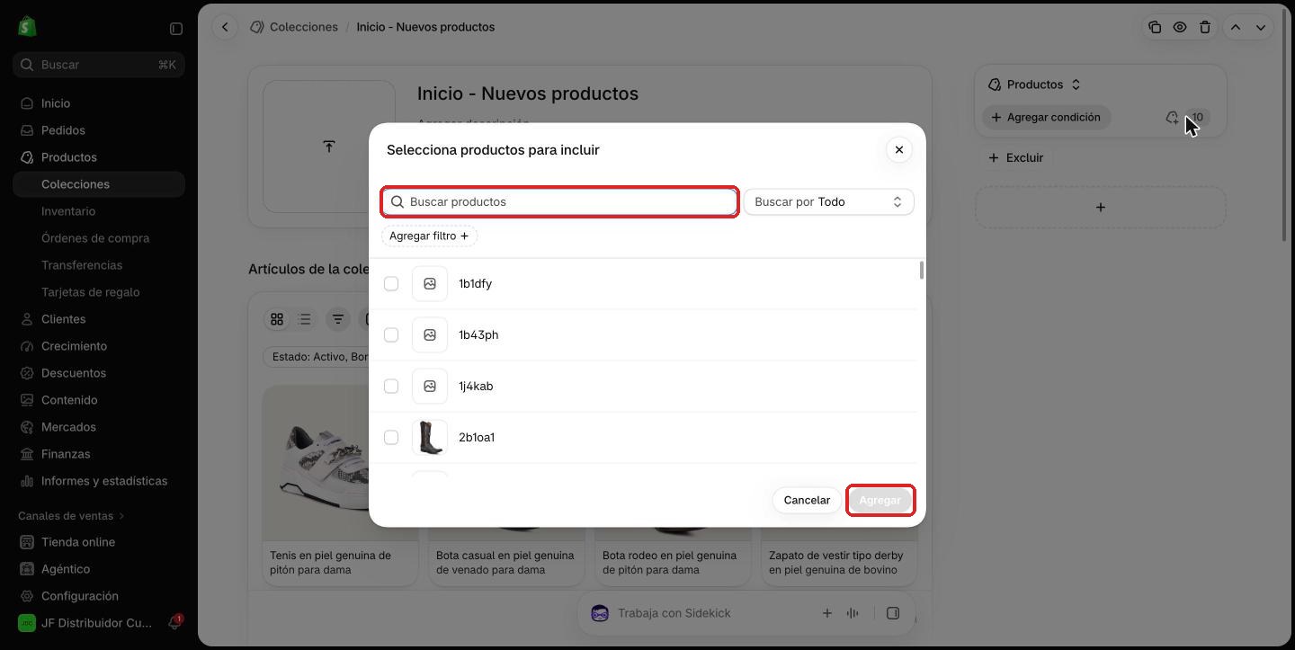 Ventana Selecciona productos para incluir
