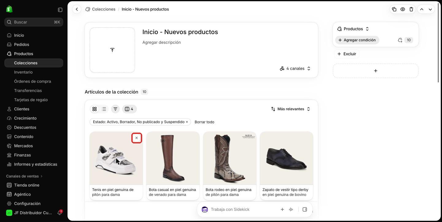 X para quitar un producto de la colección