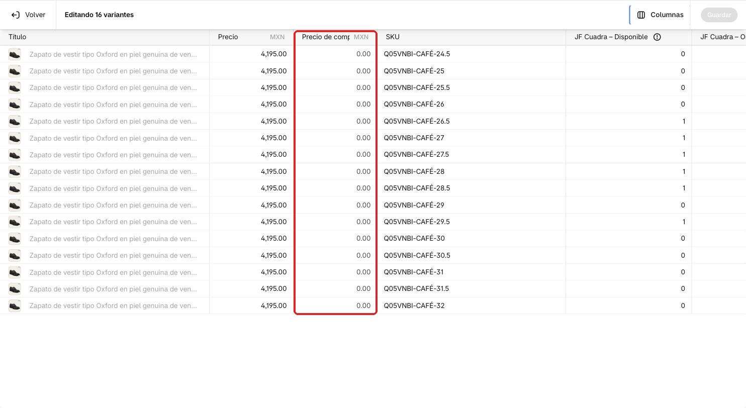Tabla de Edición masiva con la columna Precio de comparación