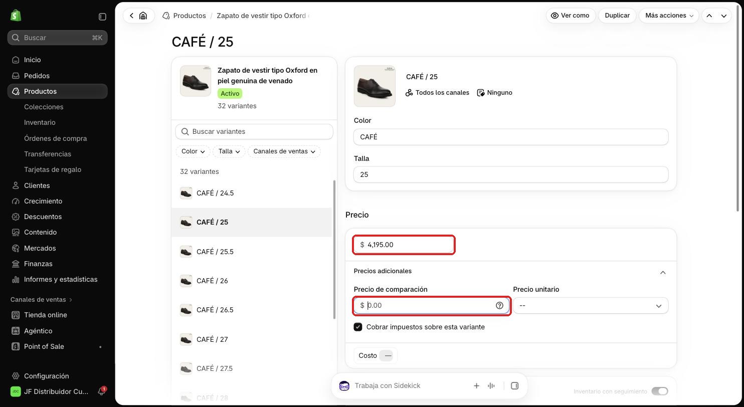 Precio y Precio de comparación de una talla