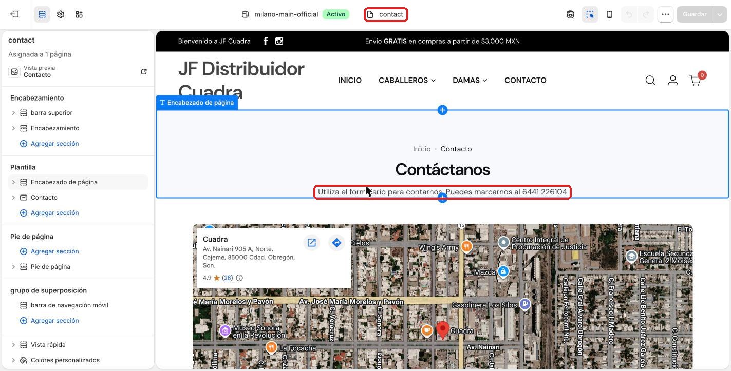 Editor del tema en la página contact