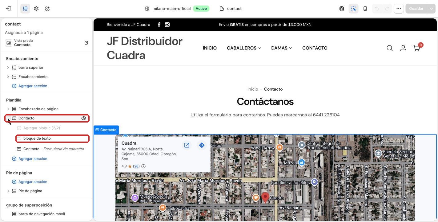 Sección Contacto con el bloque de texto