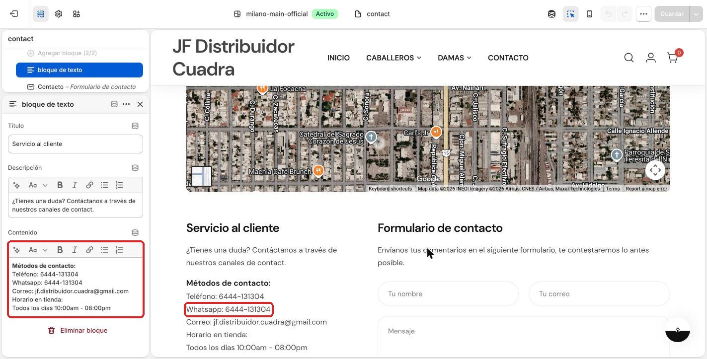 Campo Contenido del bloque de texto