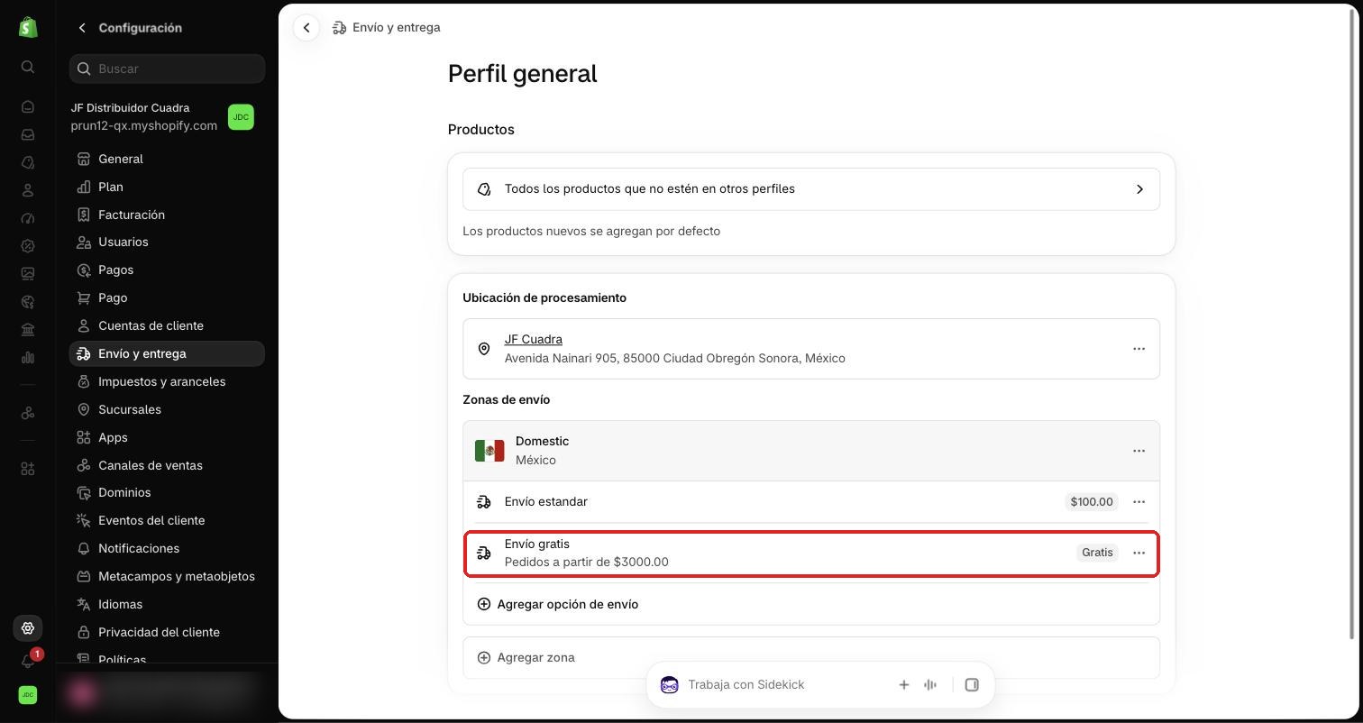 Opción Envío gratis dentro de Perfil general