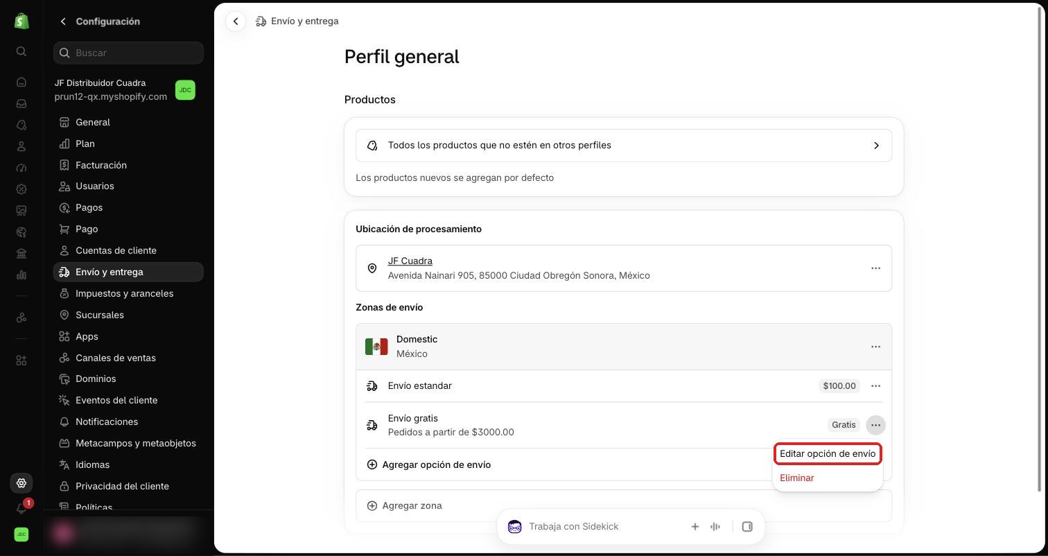 Menú de la opción Envío gratis