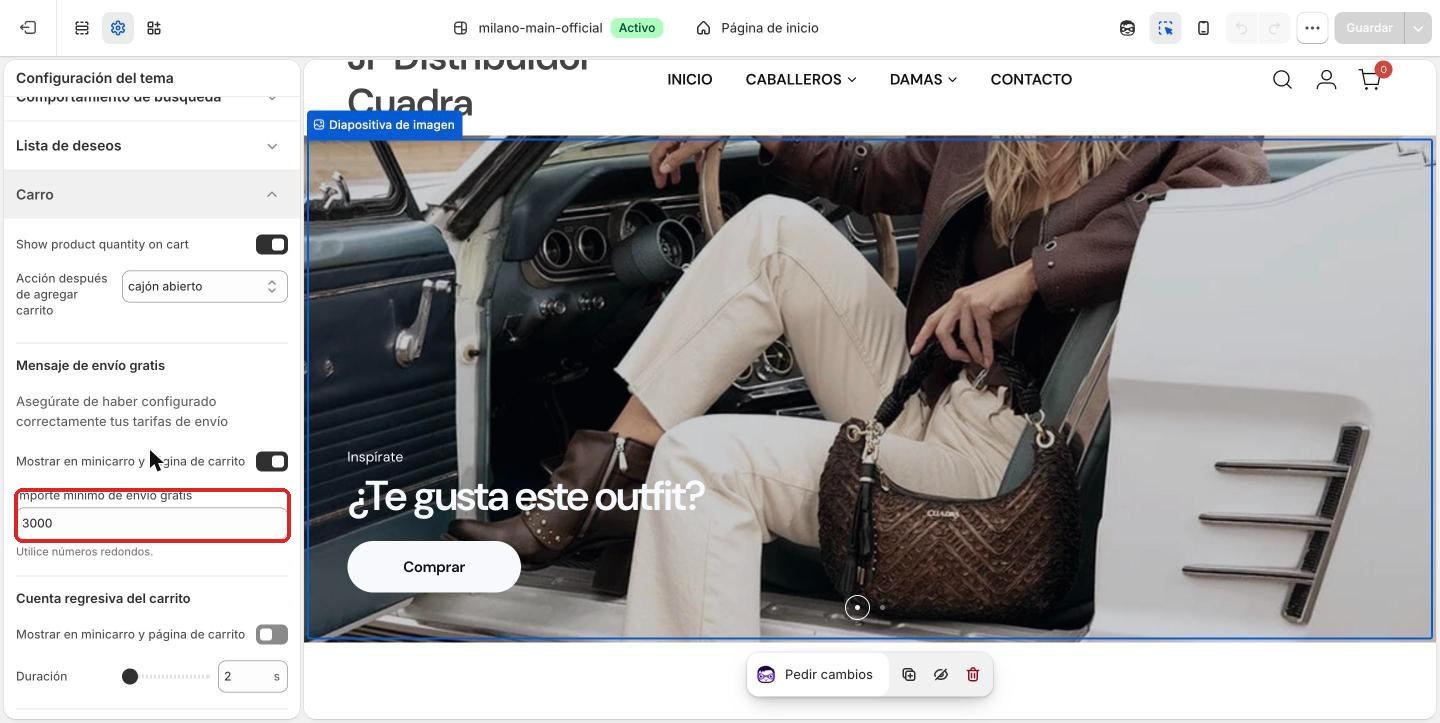 Importe mínimo de envío gratis en Carro