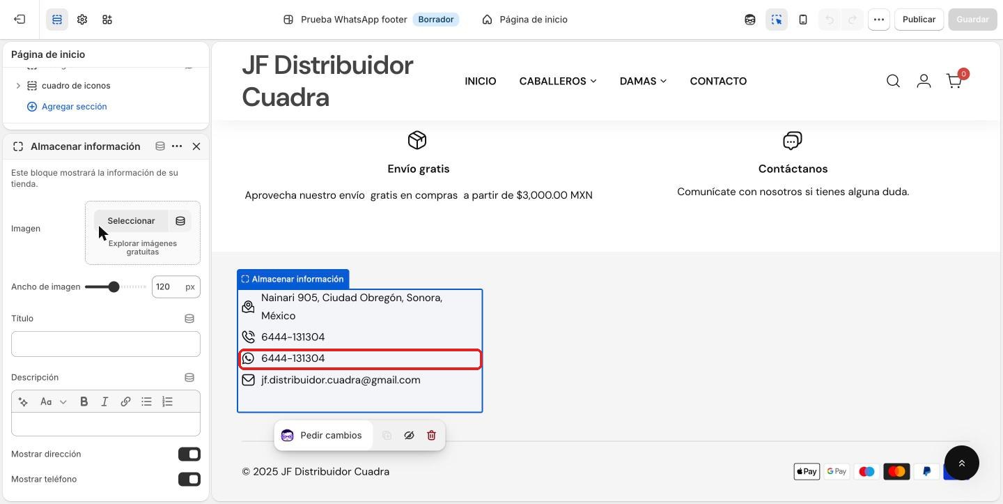 WhatsApp en el pie de página