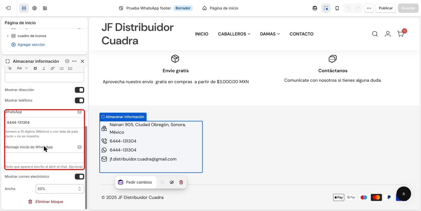 Campos WhatsApp y Mensaje inicial de WhatsApp