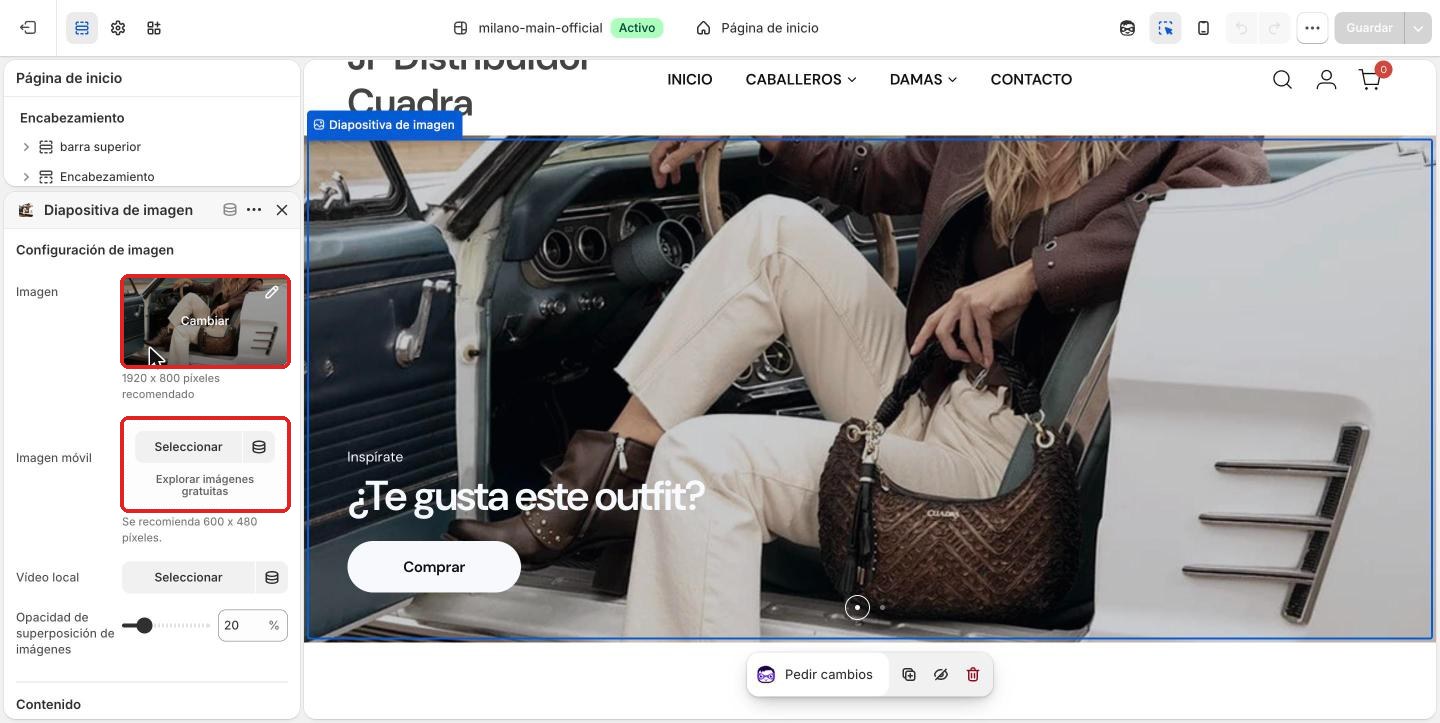Imagen e Imagen móvil de la diapositiva, con su tamaño recomendado