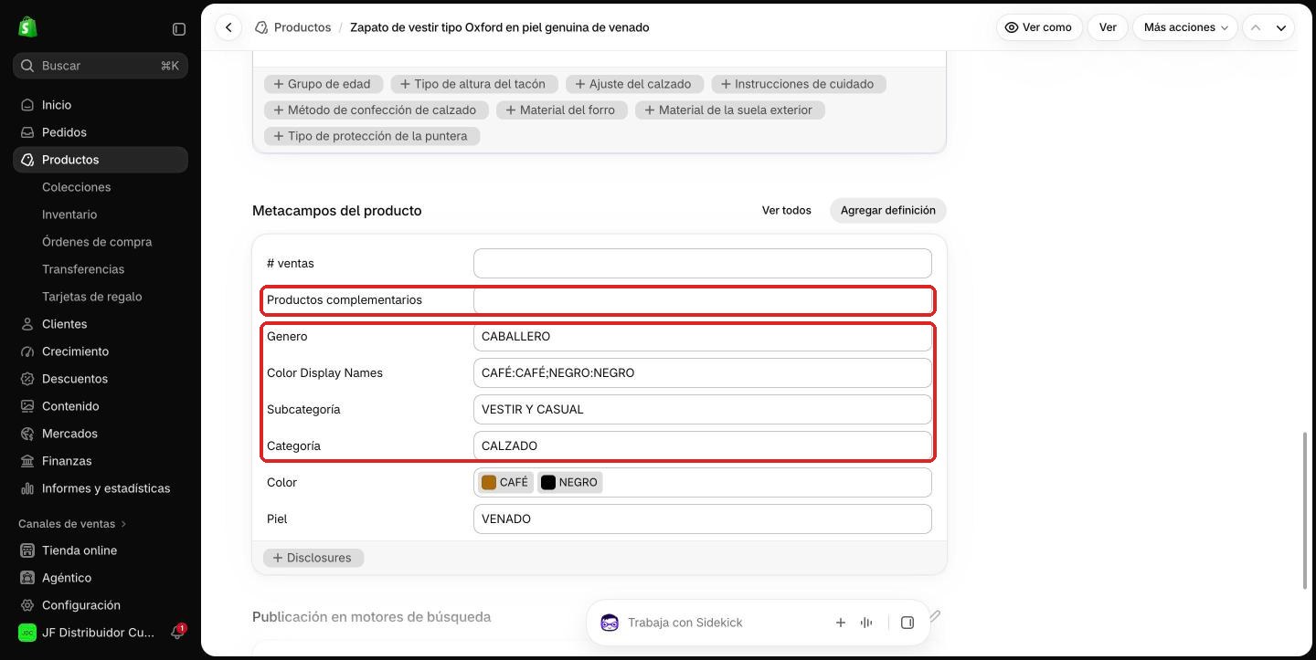 Campo Productos complementarios en Metacampos del producto