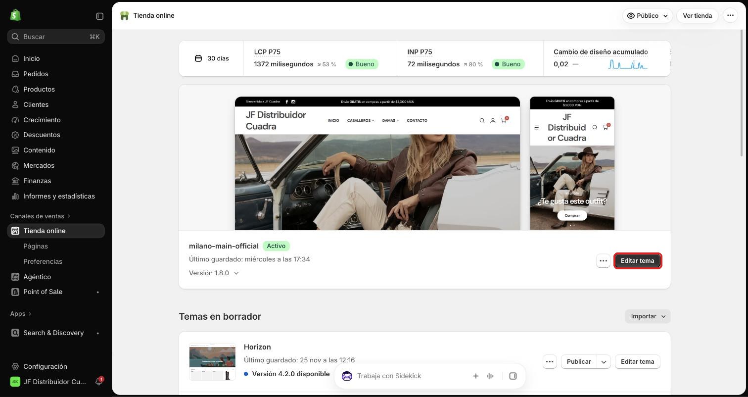Página de temas con el botón Editar tema