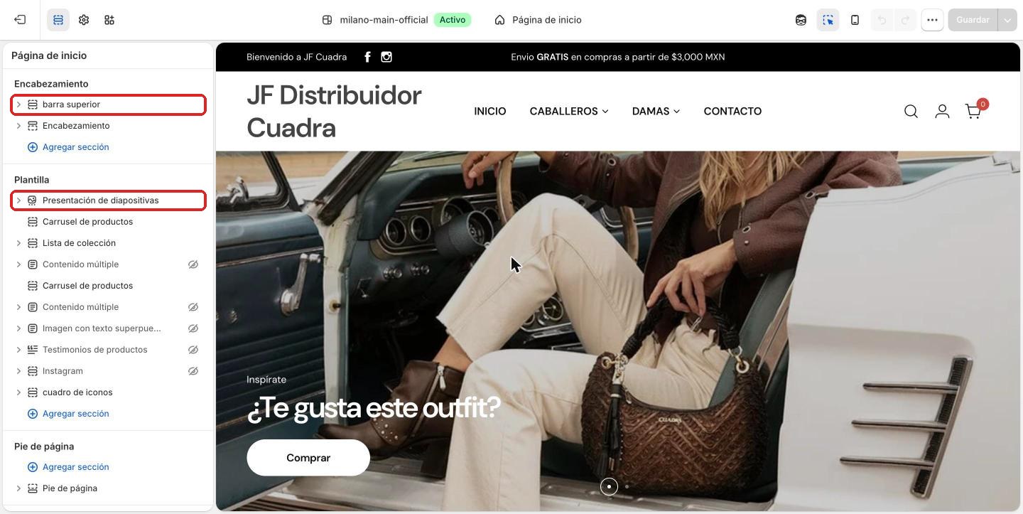 Editor del tema en la página de inicio